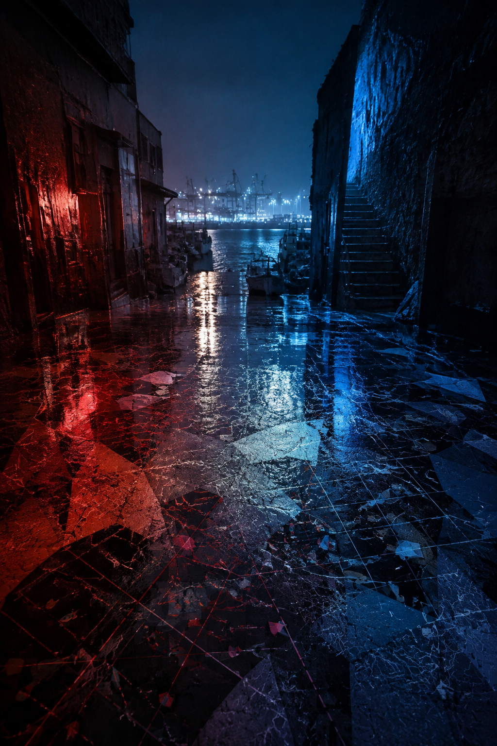 AI-created editorial illustration of a rain-slick Mediterranean harbour at night for Fauda Season 5