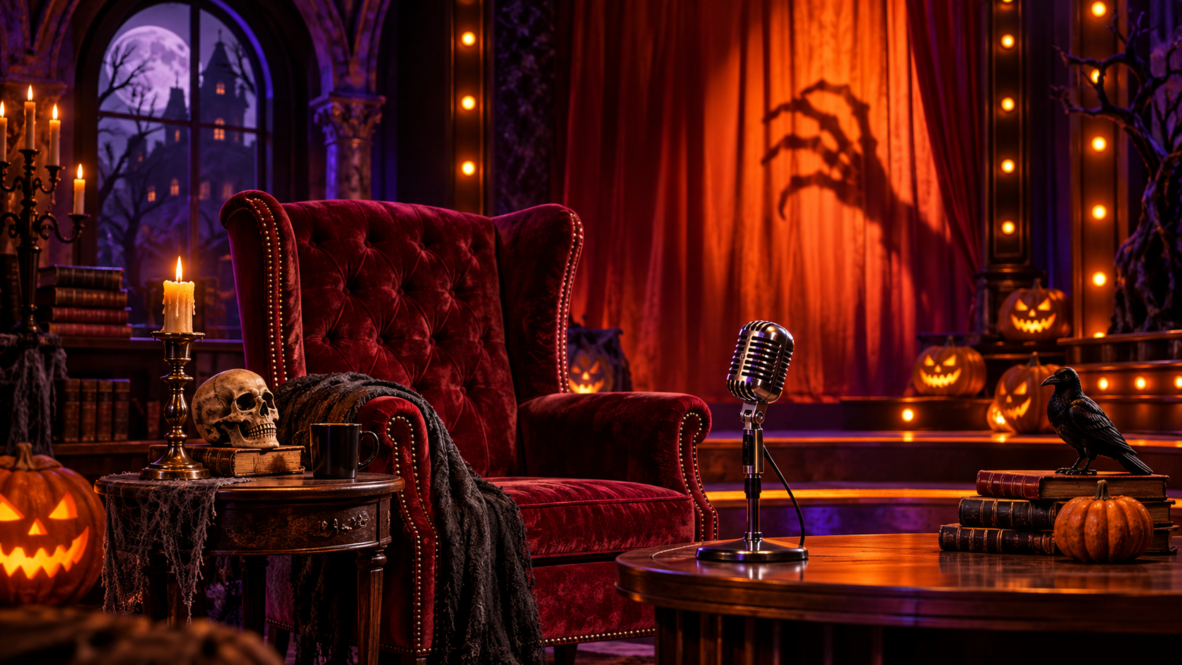 A theatrical horror set with an empty velvet chair, microphone and Halloween lights