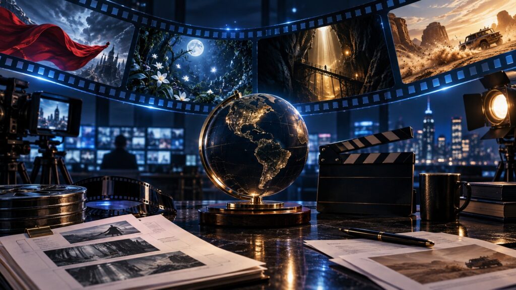 Cinematic global entertainment newsroom with film strips, a clapperboard and abstract fantasy, science-fiction and action scenes