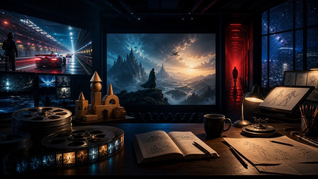 Cinematic entertainment newsroom montage with a racetrack, cinema screen, star window, red corridor and animation desk