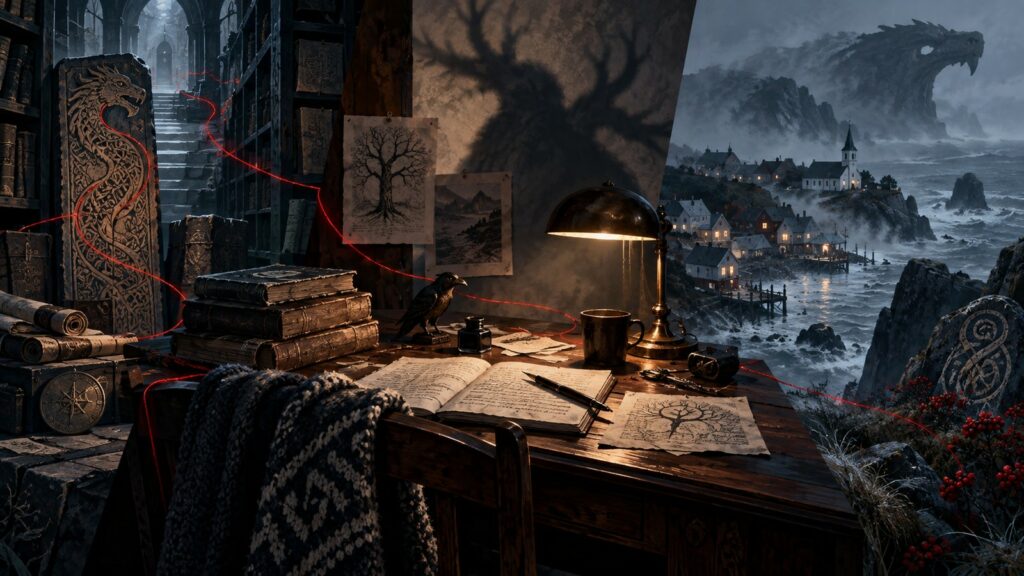 Original editorial illustration of an investigation archive, a writer’s desk and a misty coastal town