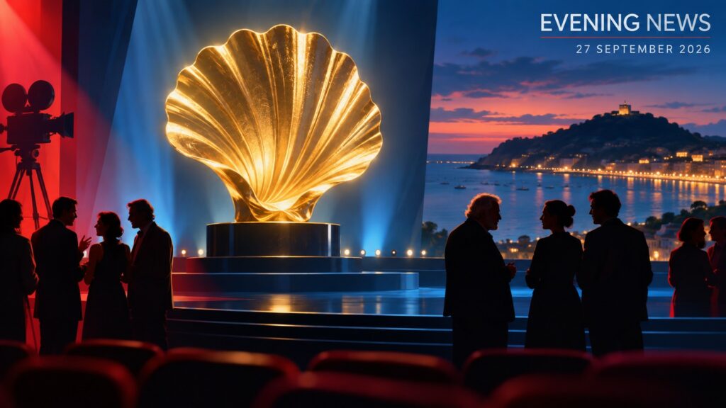 Editorial illustration of an abstract golden shell at a cinema overlooking San Sebastián at dusk