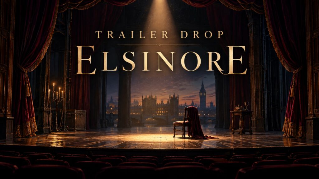 AI editorial illustration of an empty London theatre stage under a warm spotlight for Elsinore.