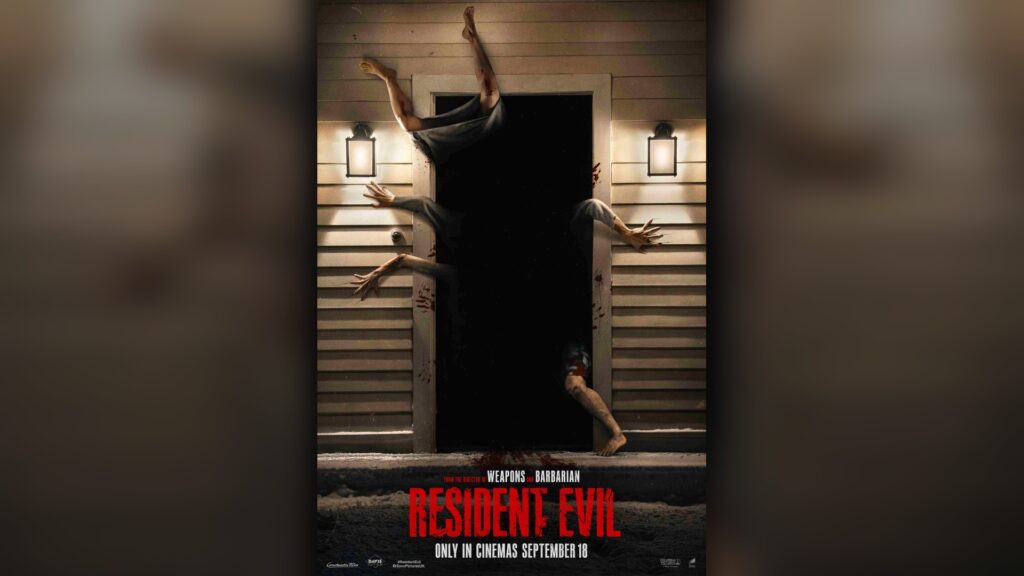 Resident Evil (2026) official poster showing a monstrous doorway, preserved within a blurred landscape extension