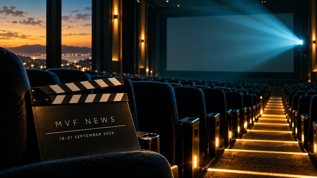 Original cinema illustration with cyan projector beams and an MVF News clapperboard dated 18–21 September 2026
