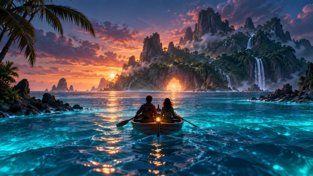 Two anonymous friends in a small boat approach a luminous tropical island at dusk