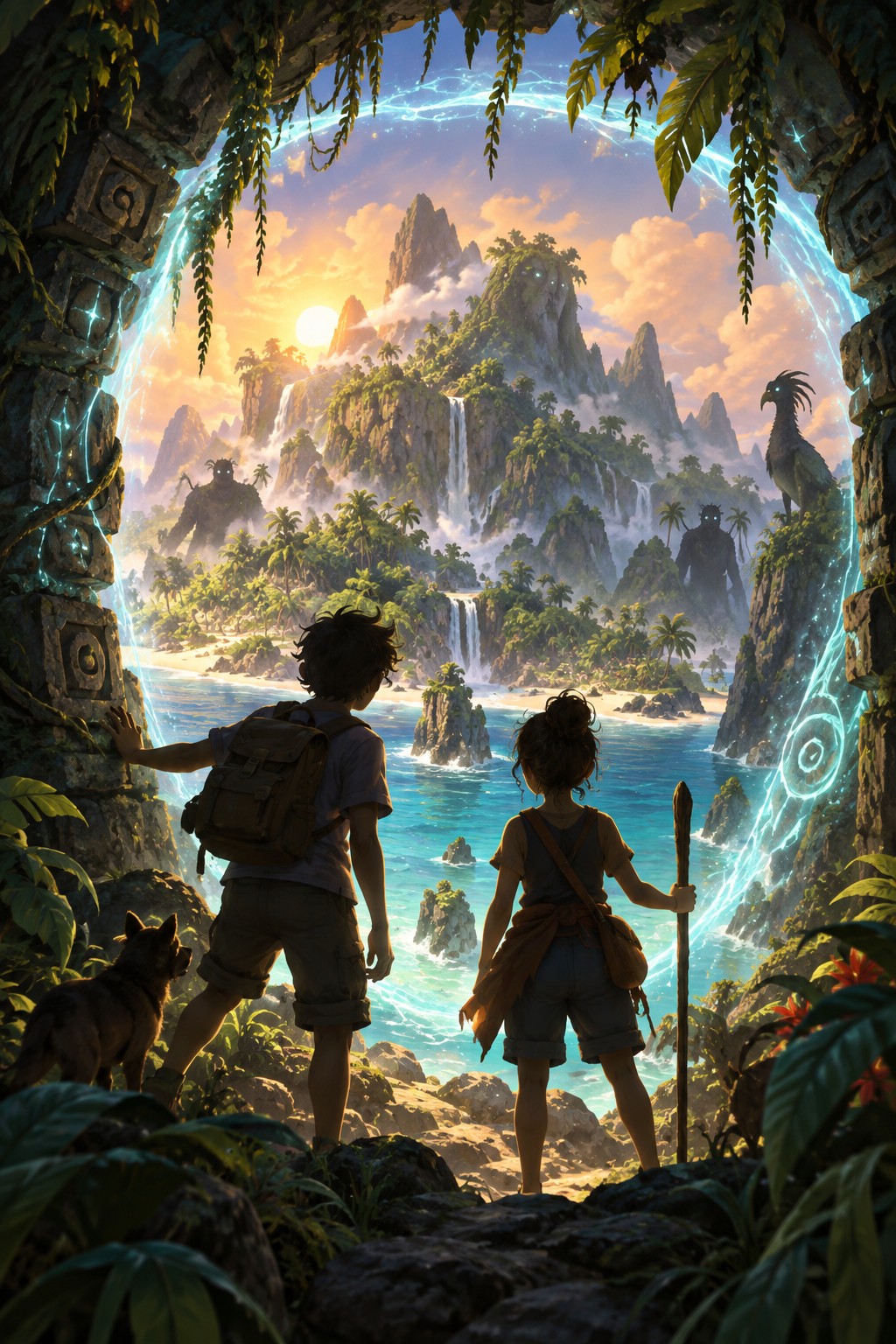 Original editorial illustration of two friends discovering a portal to a mythic tropical island