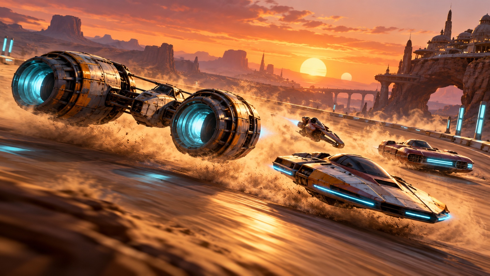 Conceptual illustration of futuristic racing craft crossing a desert circuit at sunset; not a game screenshot