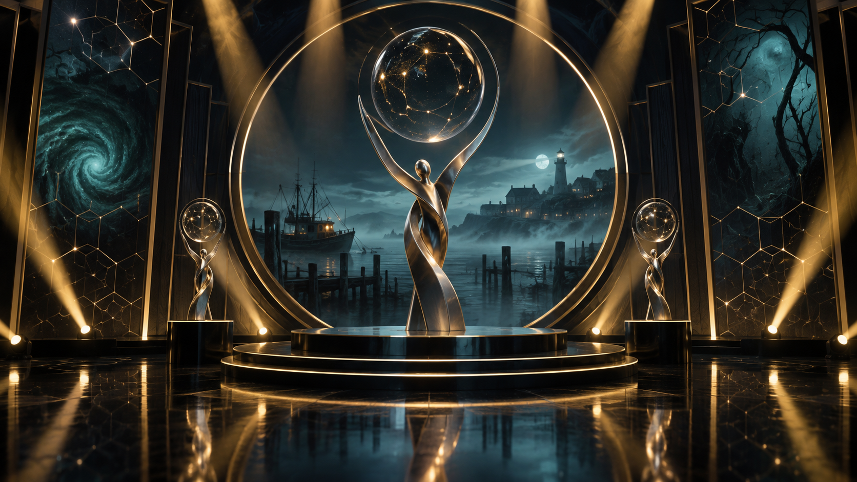 An abstract awards stage blending cosmic patterns with a foggy coastal harbour