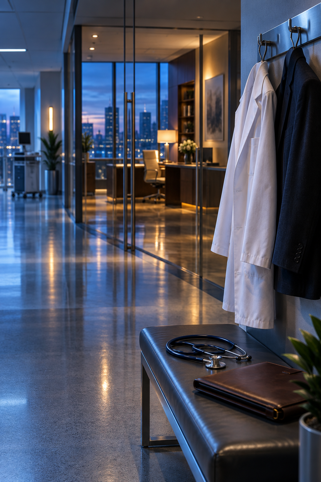 A white coat and business jacket beside a modern hospital executive suite