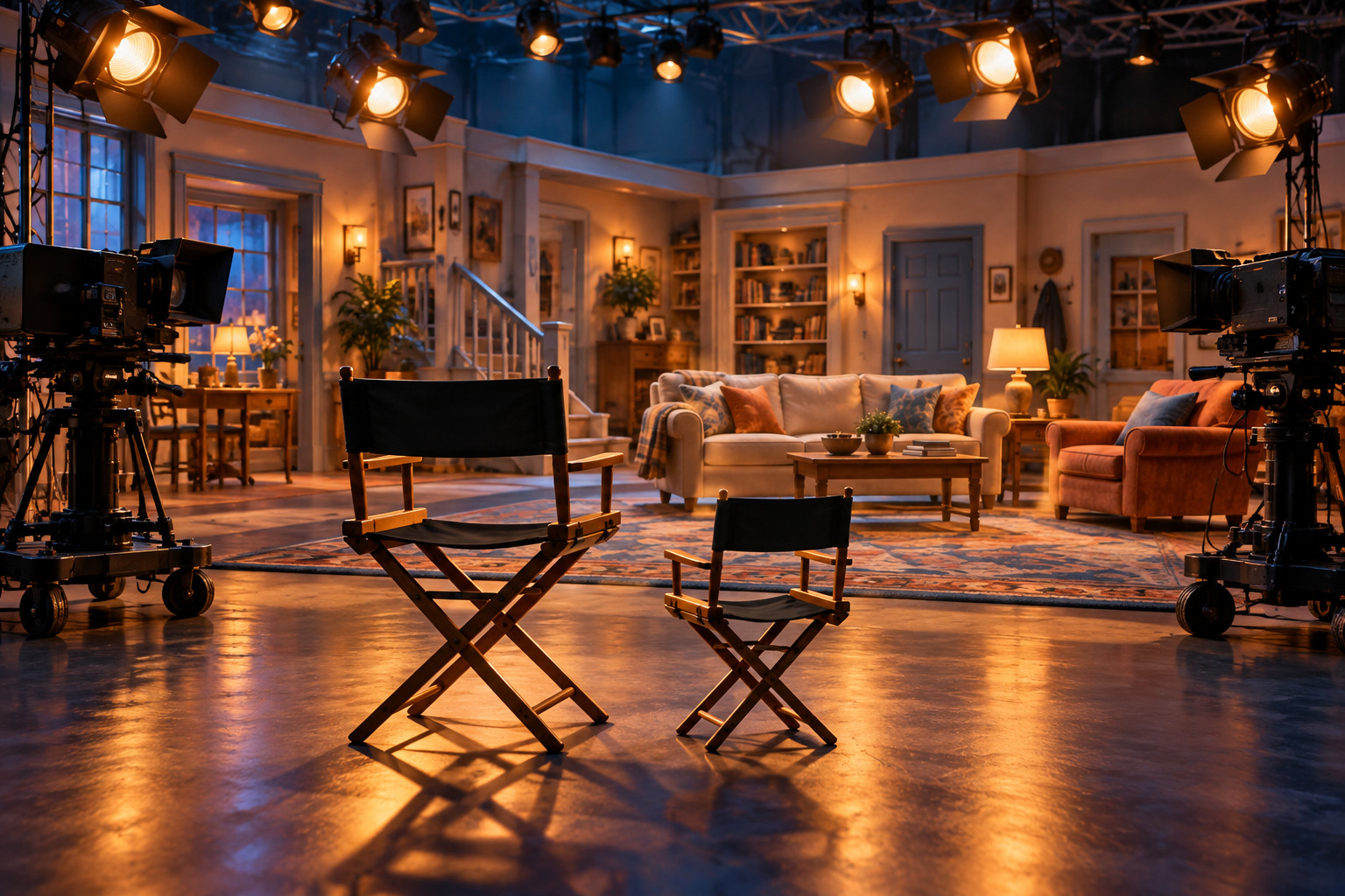 Symbolic illustration of two empty director chairs on a television studio set