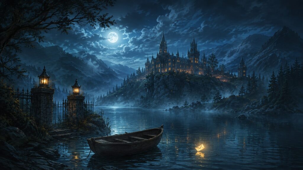 Original editorial illustration of a moonlit loch, a distant magical school and a glowing envelope above the water
