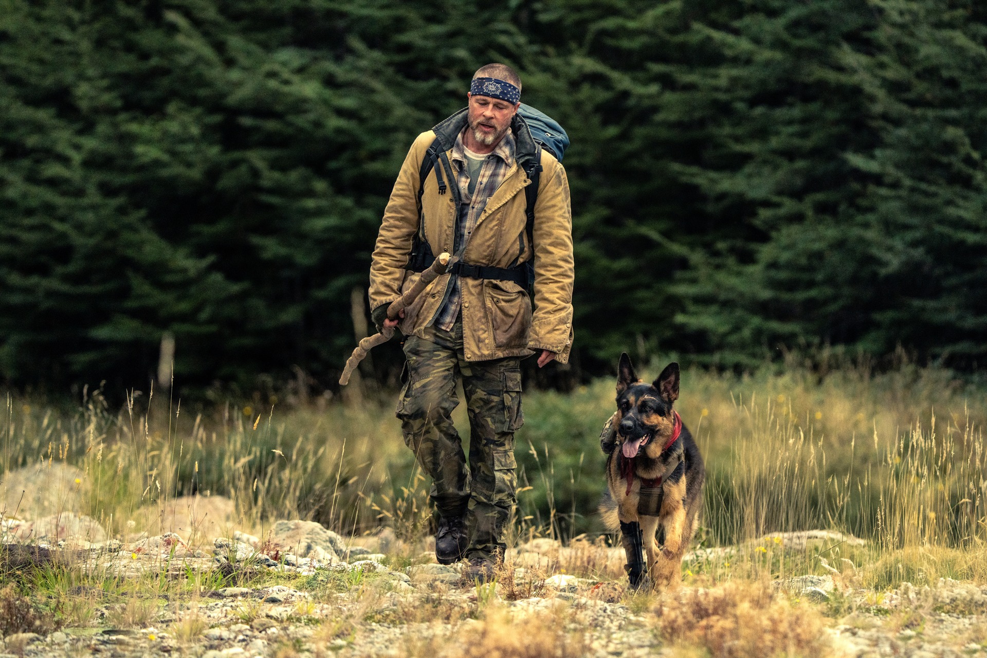 James Belmont, played by Brad Pitt, walking beside Odin in a forest clearing in Heart of the Beast
