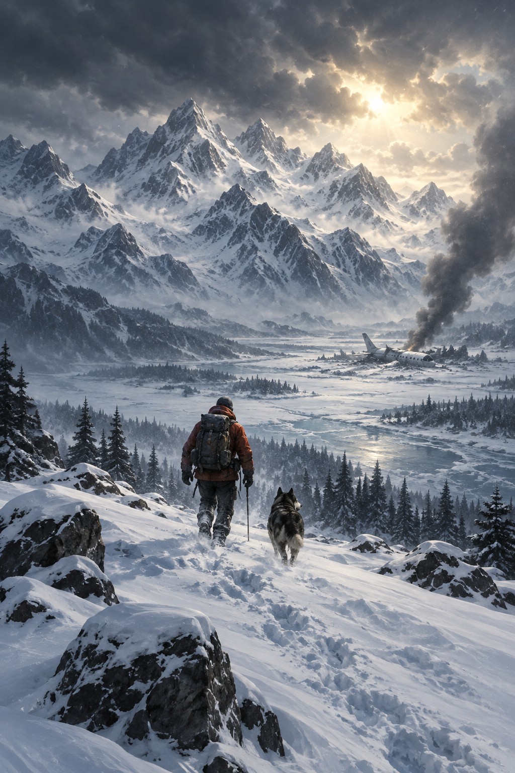 Original editorial illustration of a survivor and dog crossing an Alaskan wilderness after a plane crash