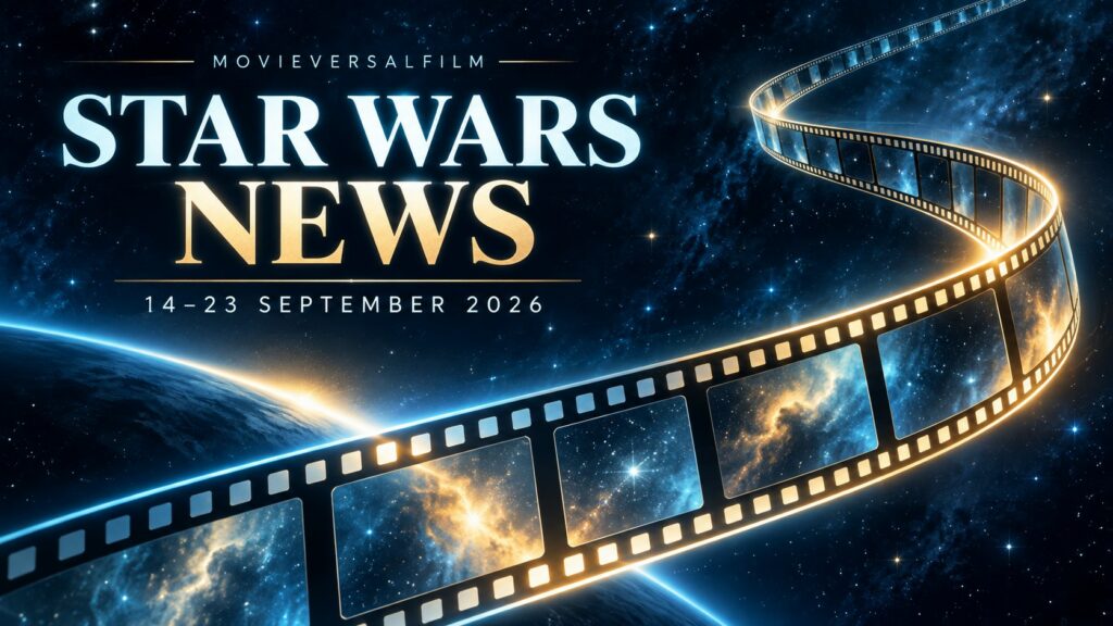 Original abstract illustration of a film strip against stars, with Star Wars News and 14–23 September 2026 text
