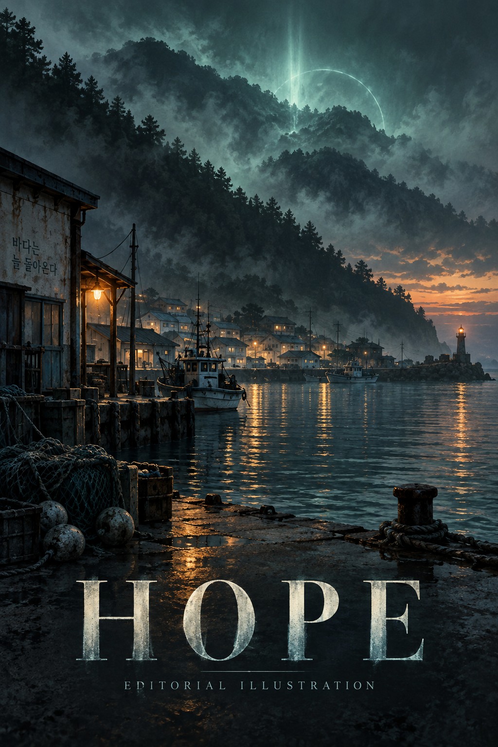 Original editorial illustration of a misty South Korean harbour beneath an eerie glow, for Hope