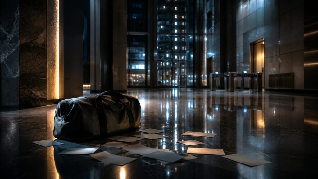 An original editorial scene of an unbranded black duffel bag and scattered blank papers in a dark modern lobby.