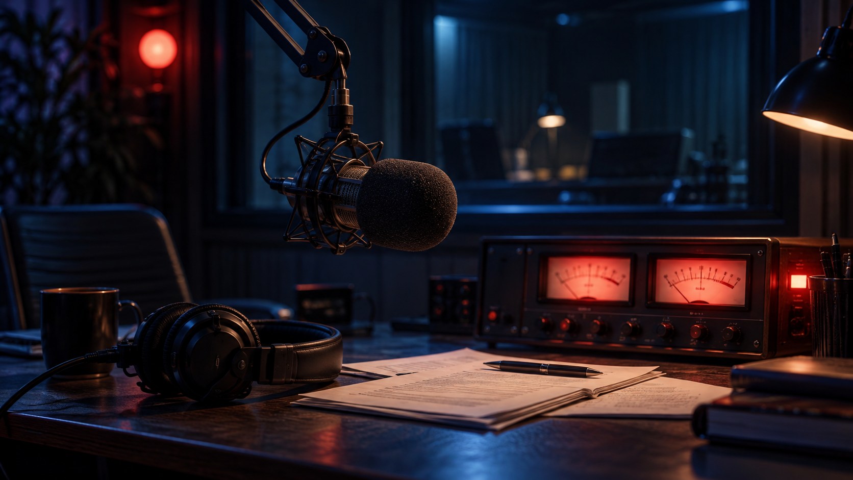 Original editorial illustration evoking a late-night broadcast studio
