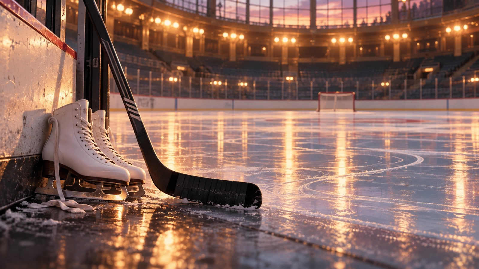 Symbolic illustration of figure skates and a hockey stick beside an empty ice rink