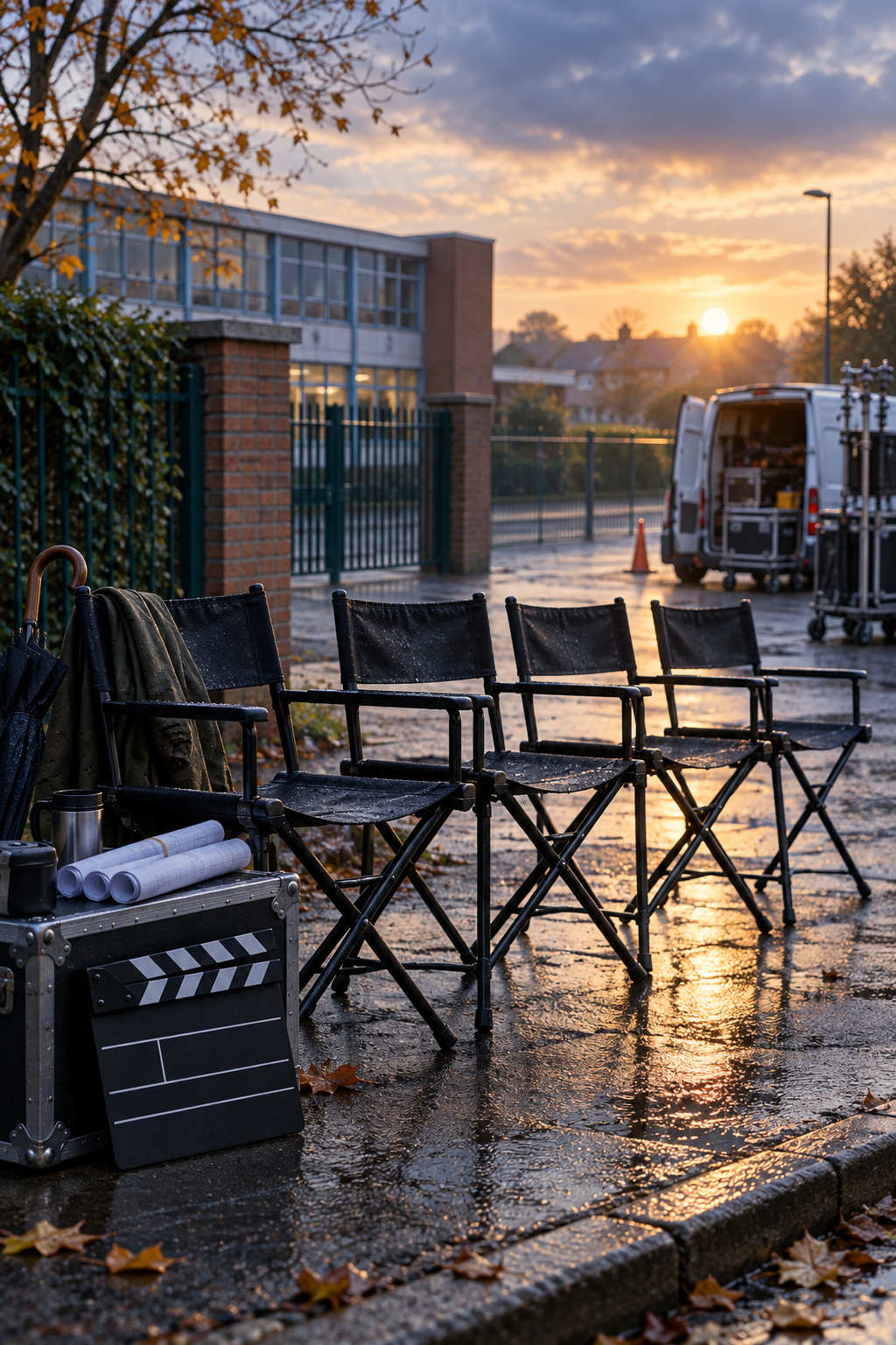 Four empty production chairs outside a rain-damp British secondary school at sunrise