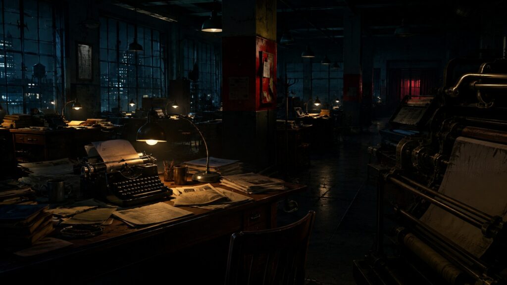 Original editorial illustration of an ink-dark newsroom with a typewriter, printing press and pools of warm light