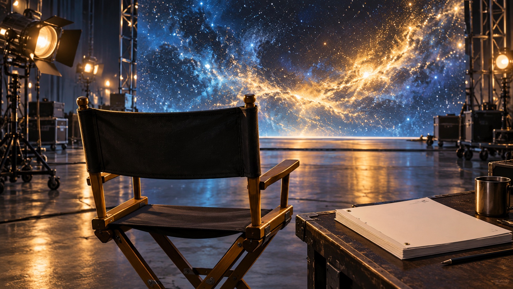 Conceptual illustration of an empty director's chair and screenplay on a soundstage with a star field backdrop; not a production still
