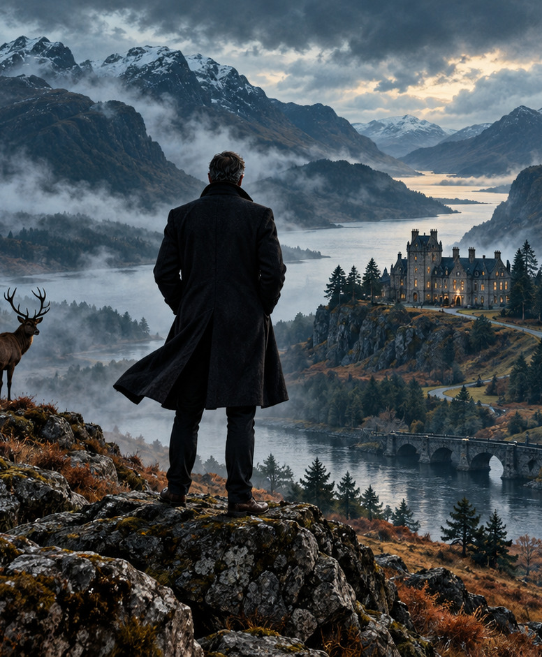 AI editorial illustration of a figure overlooking a misty Highland loch and estate, evoking Laird