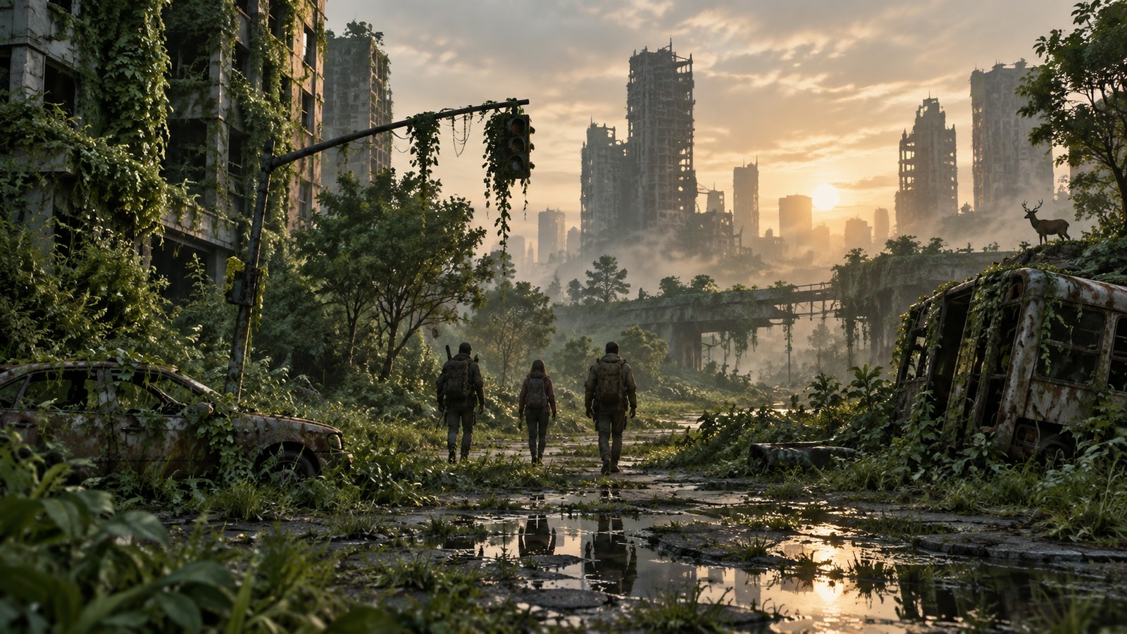 Illustrated overgrown city with three anonymous figures at sunrise