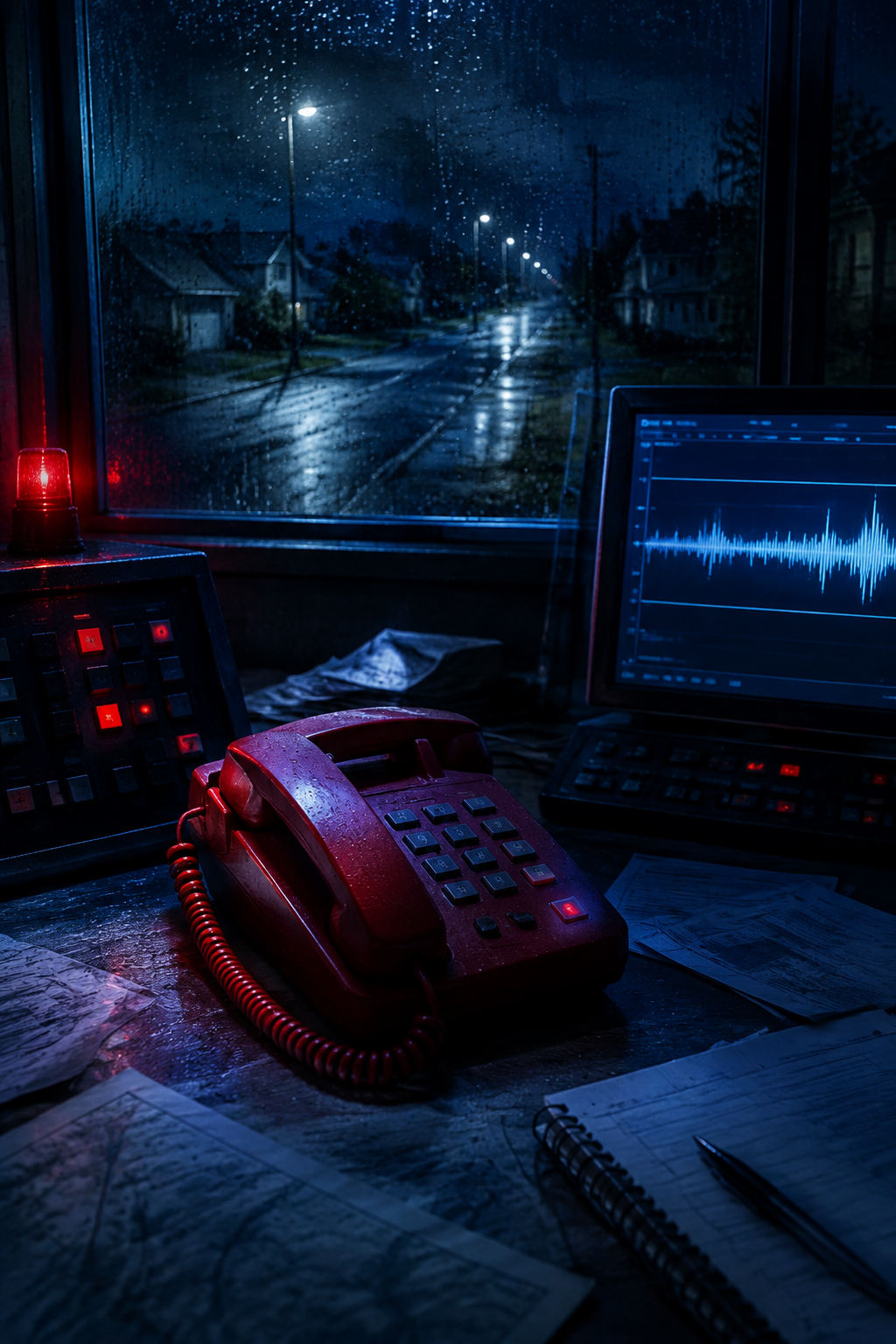 AI-created editorial illustration of a rain-soaked emergency dispatch room for Last Seen