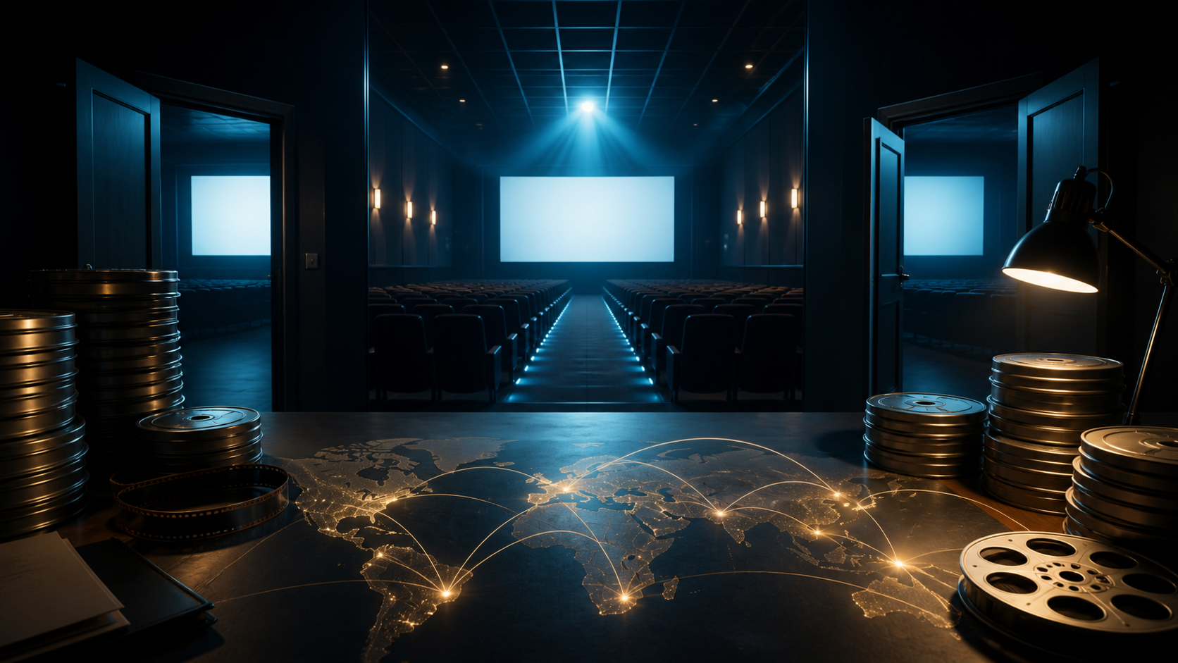 A cinema auditorium with blank screens, film cans and a global distribution map