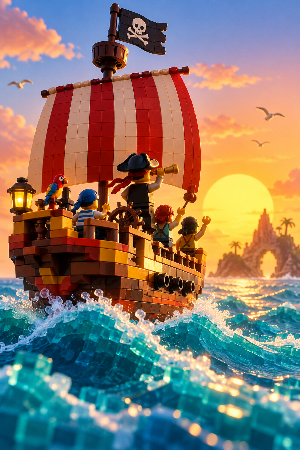 AI-created editorial illustration evoking LEGO ONE PIECE with colourful geometric forms, a sailing ship and ocean sunset