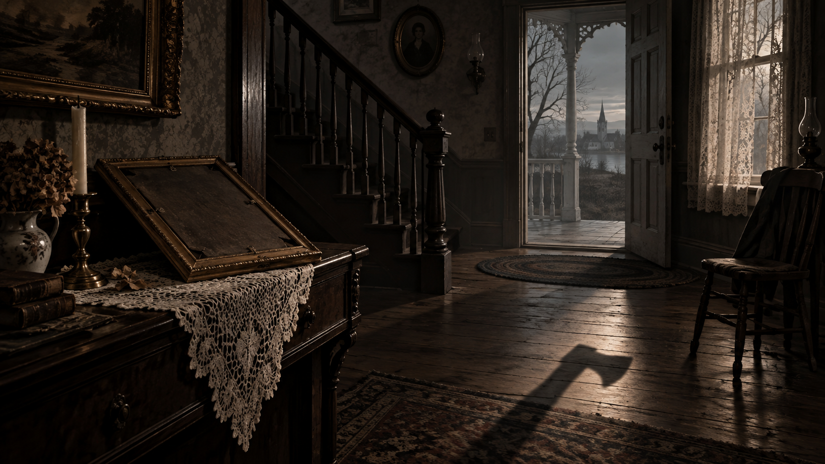 An ominous Victorian house interior with an empty portrait frame and axe-shaped shadow
