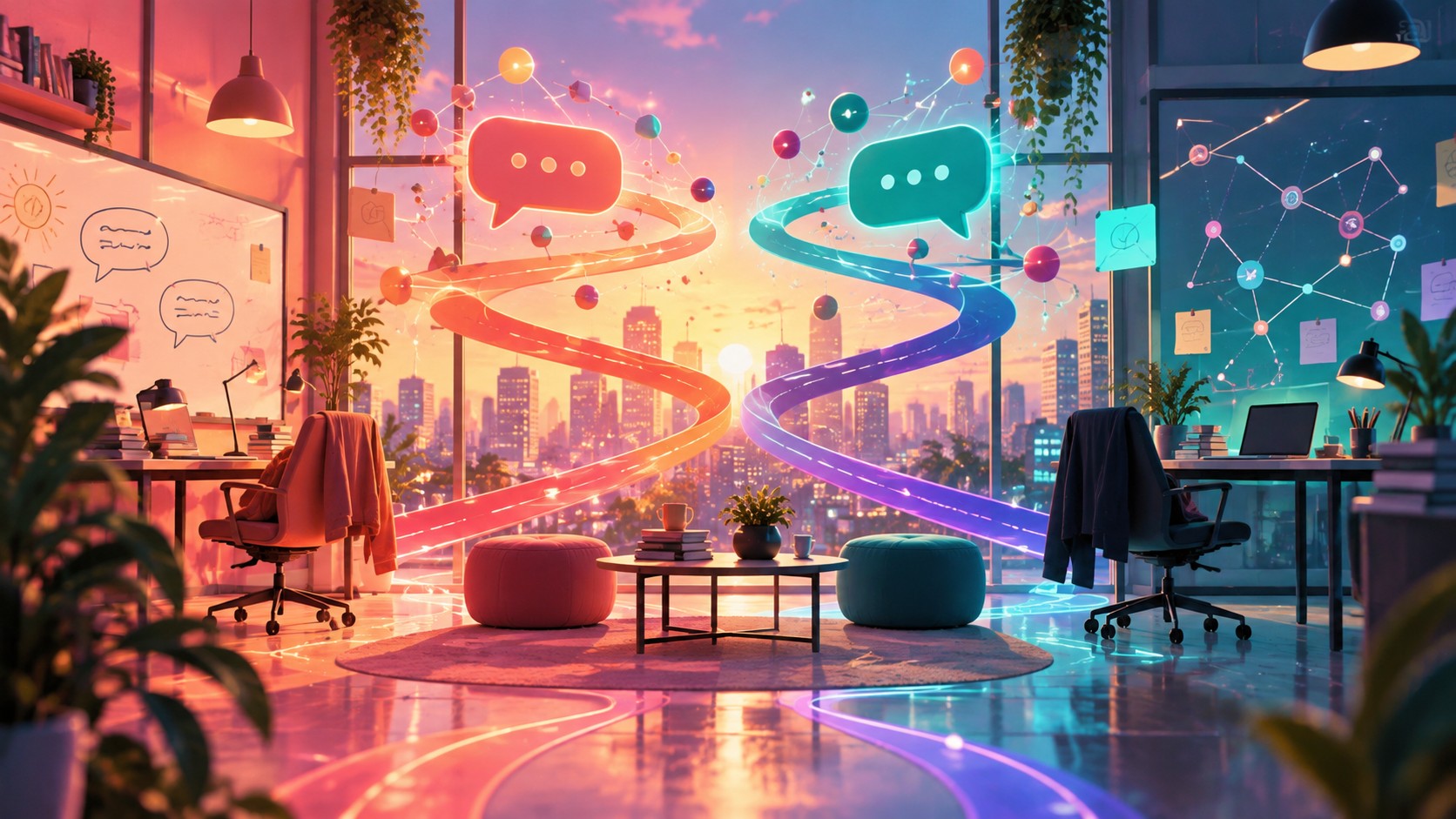 Stylised modern workspace where coral and teal paths converge through abstract dialogue shapes