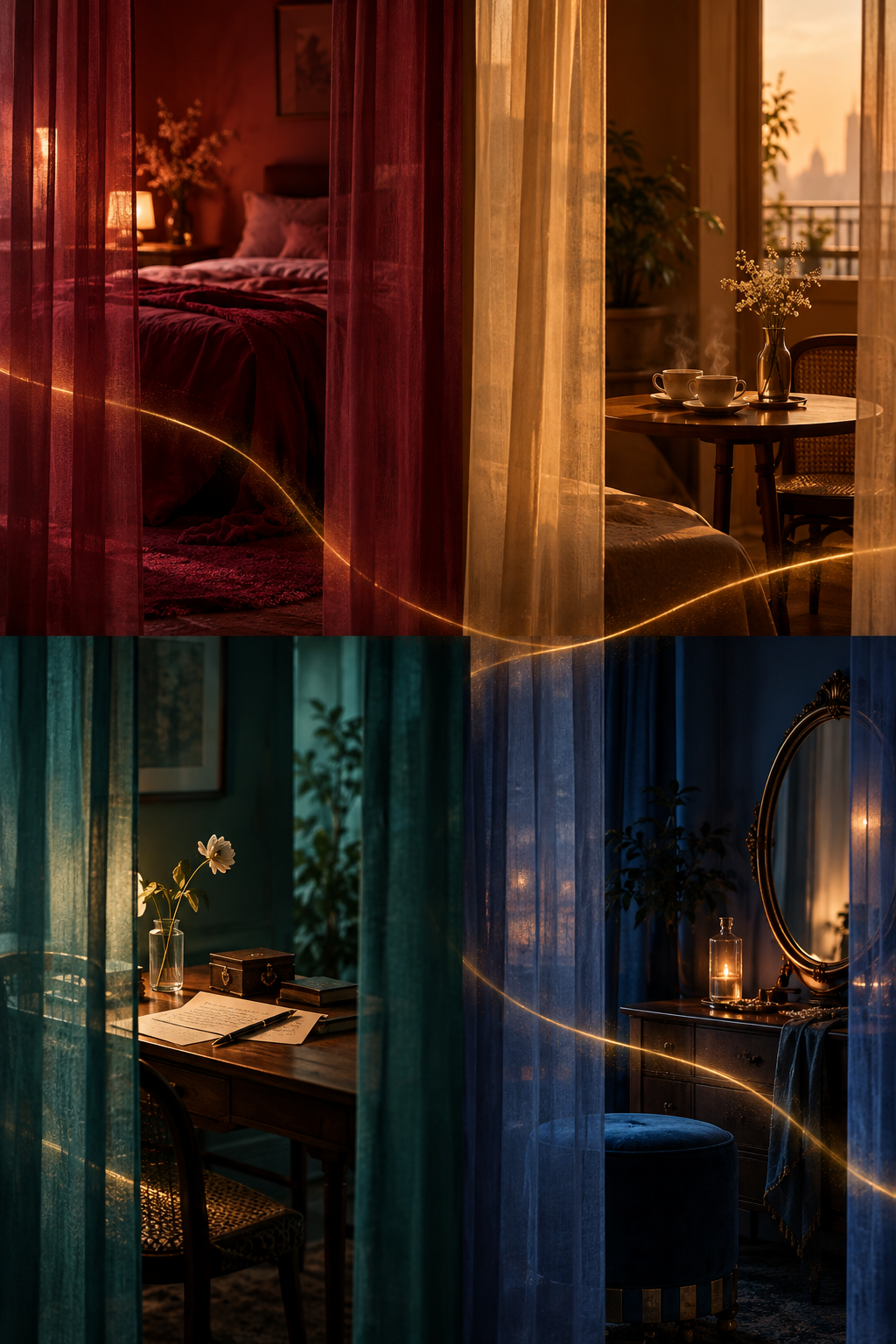 Four warmly lit rooms connected by a ribbon of light, symbolising an anthology of relationships