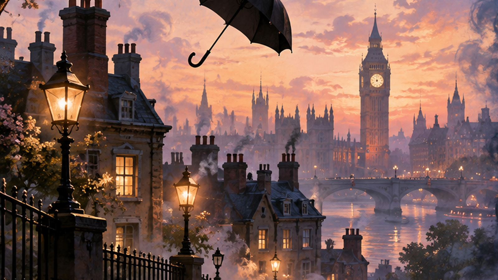 Illustrated London rooftops and a floating black umbrella at dusk