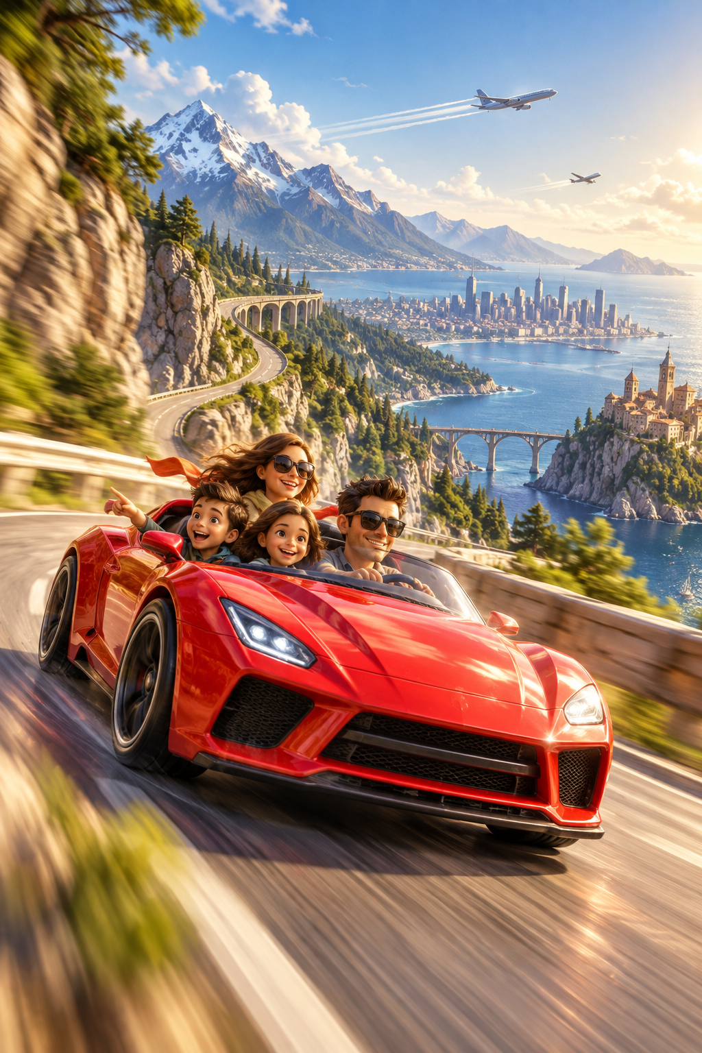 Original action-adventure illustration of a red sports car racing along a mountain road for Matchbox The Movie
