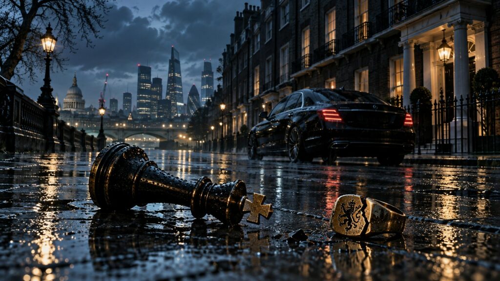 Original editorial illustration of a rain-slicked London street, a black saloon car, a fallen chess king and a cracked signet ring