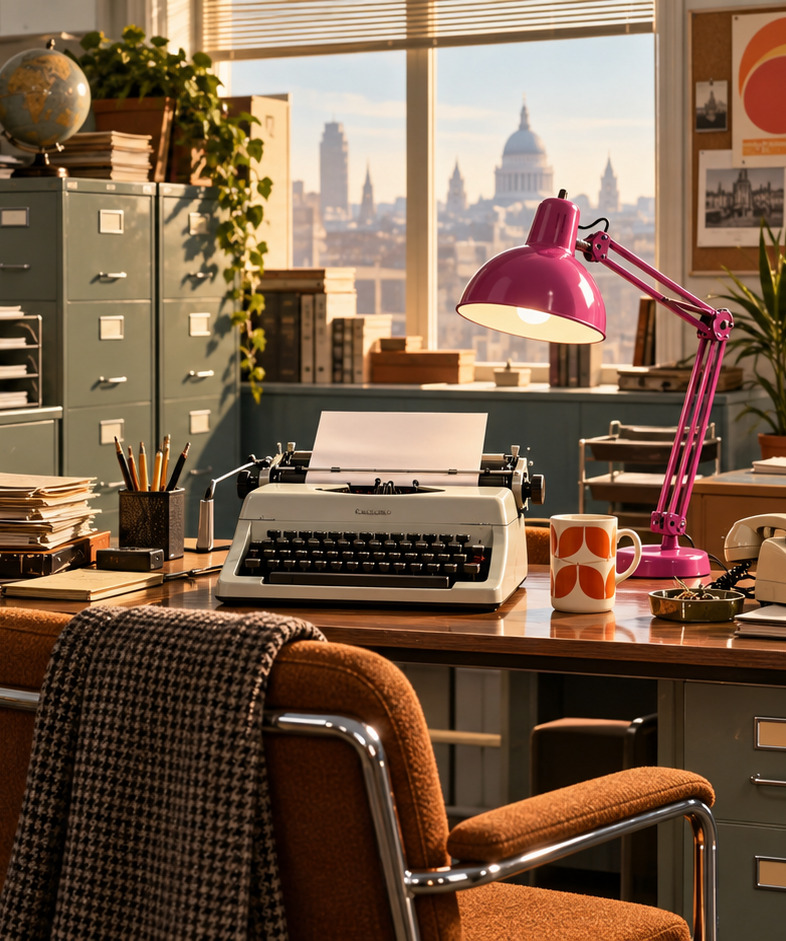 AI editorial illustration of a sunlit 1980s office desk with a typewriter and magenta lamp, evoking 9 to 5