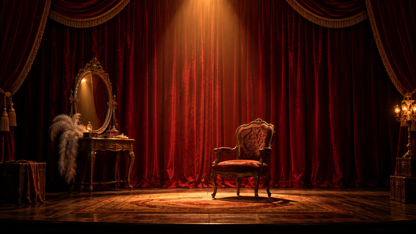 Original editorial illustration evoking a theatrical stage with velvet curtains