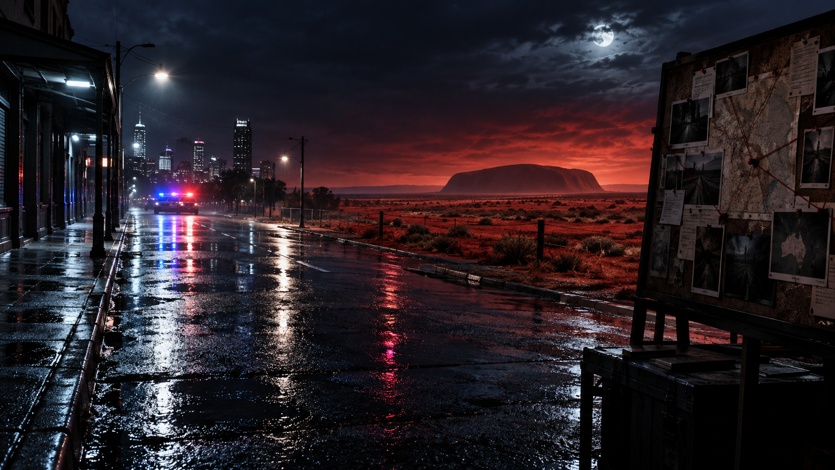 A rain-dark city street merging with an Australian desert investigation scene