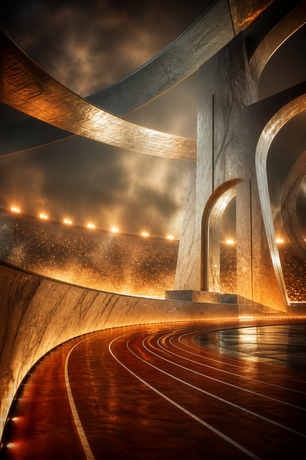 AI-created editorial illustration of an illuminated modern arena for Physical 100: Italy
