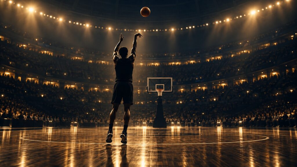 Original editorial image of an anonymous basketball player releasing a three-point shot in a dark arena