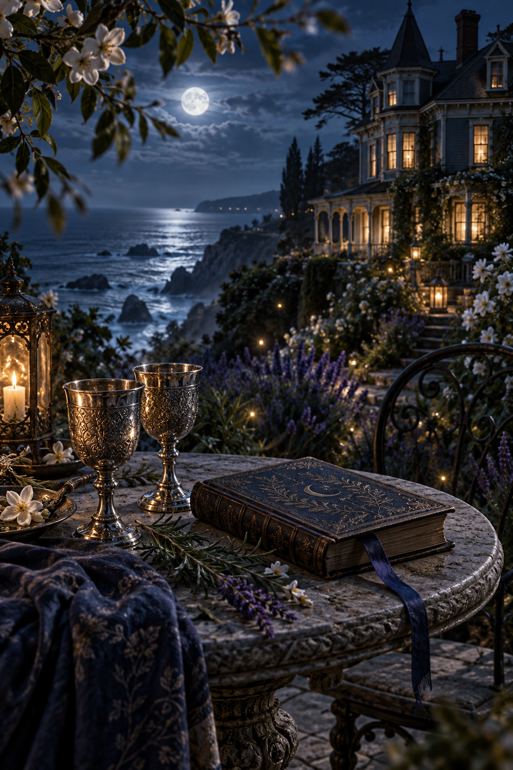 A moonlit coastal house, flowering herb garden, silver goblets and a closed spellbook