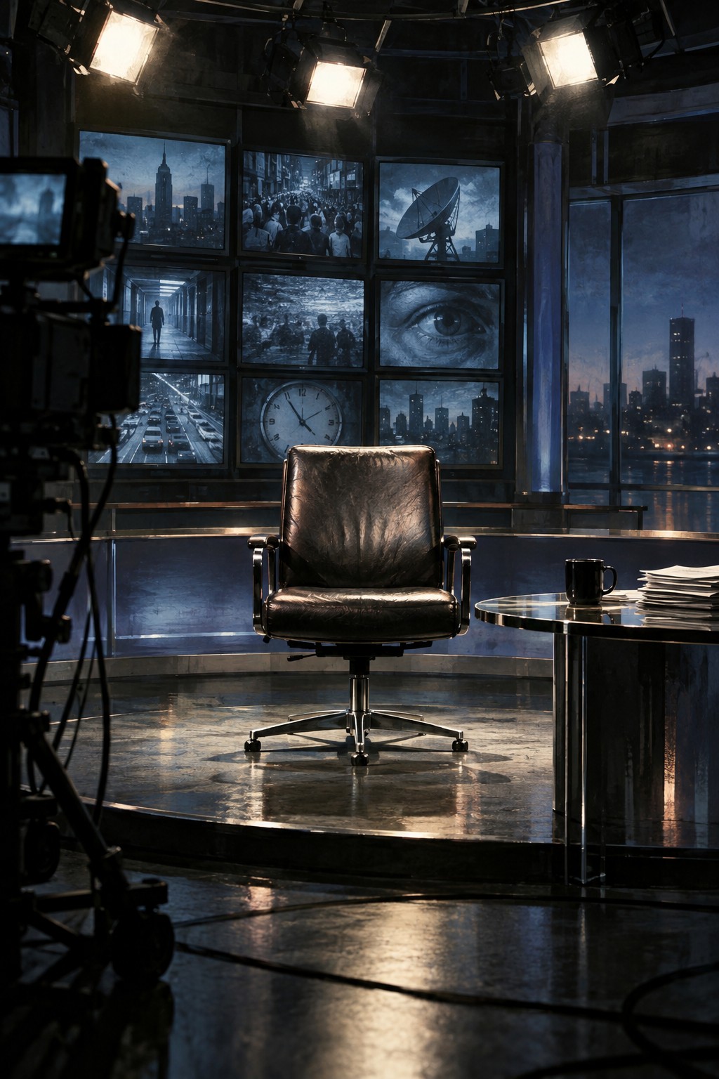 Original editorial illustration of an empty television host chair surrounded by surveillance screens