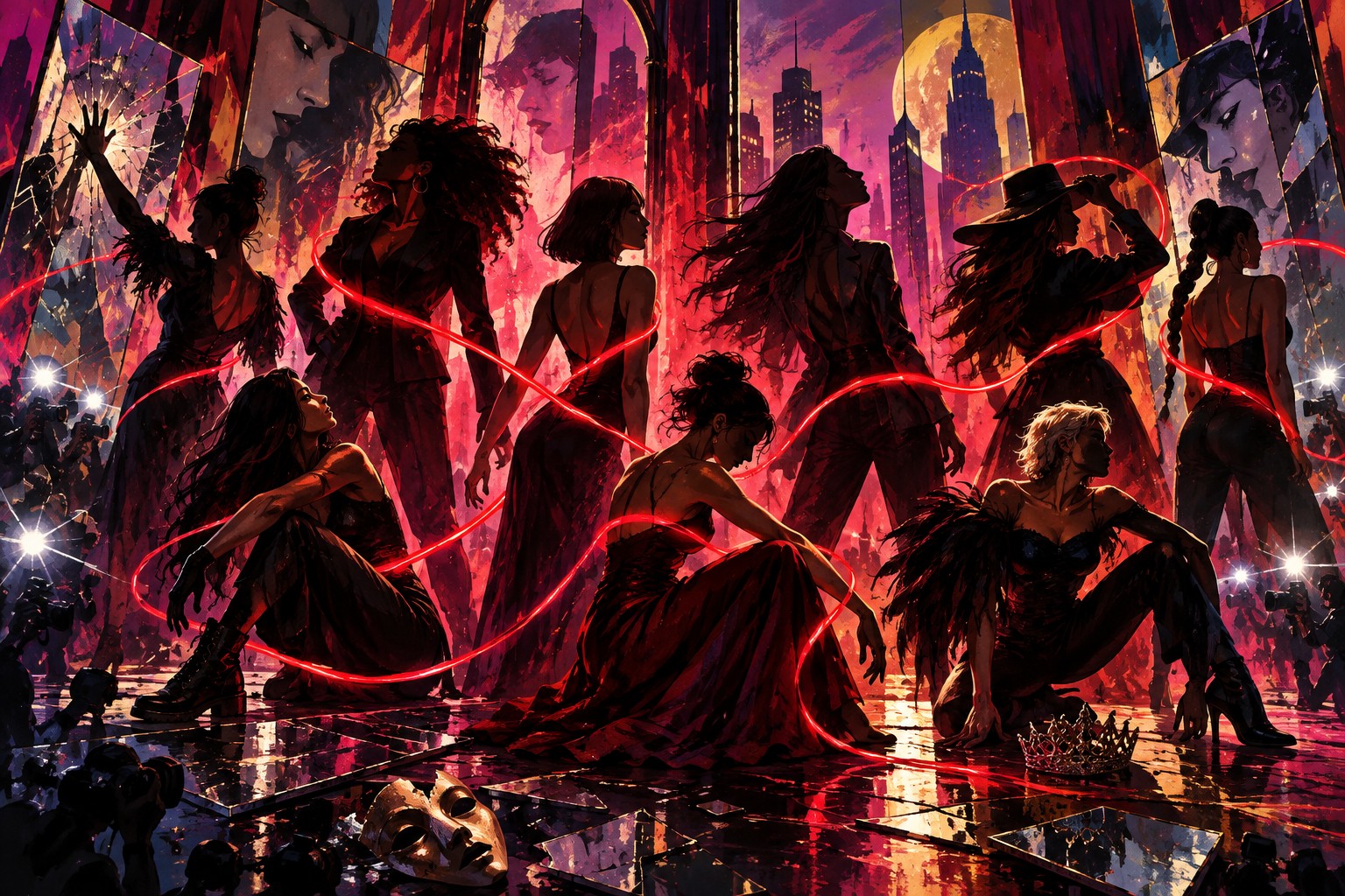 Stylised ensemble illustration of eight anonymous women linked by red light