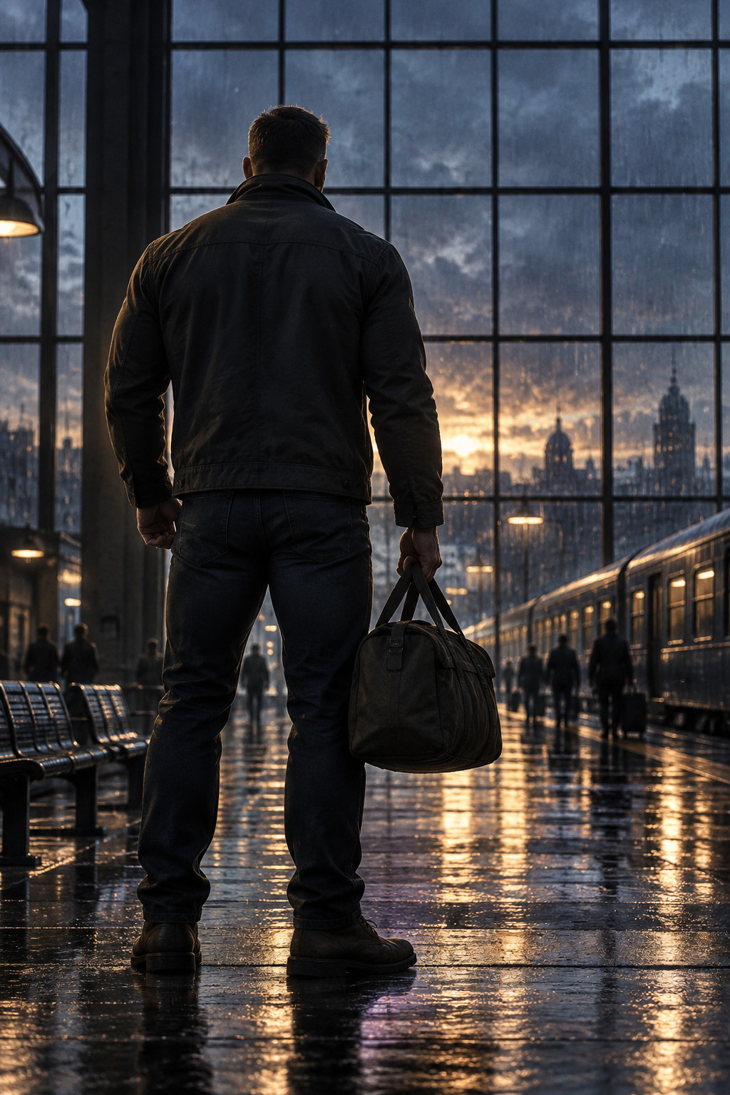 Illustrated anonymous traveller carrying a bag through a rain-lit station