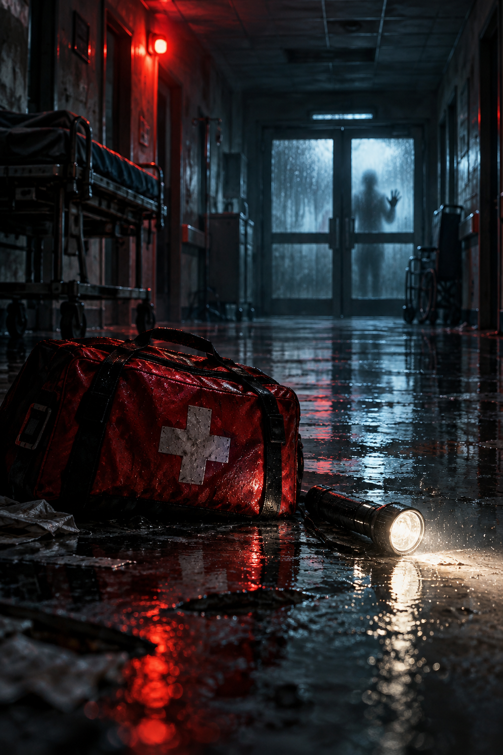 Original editorial illustration of a medical bag and flashlight in a rain-soaked emergency corridor.