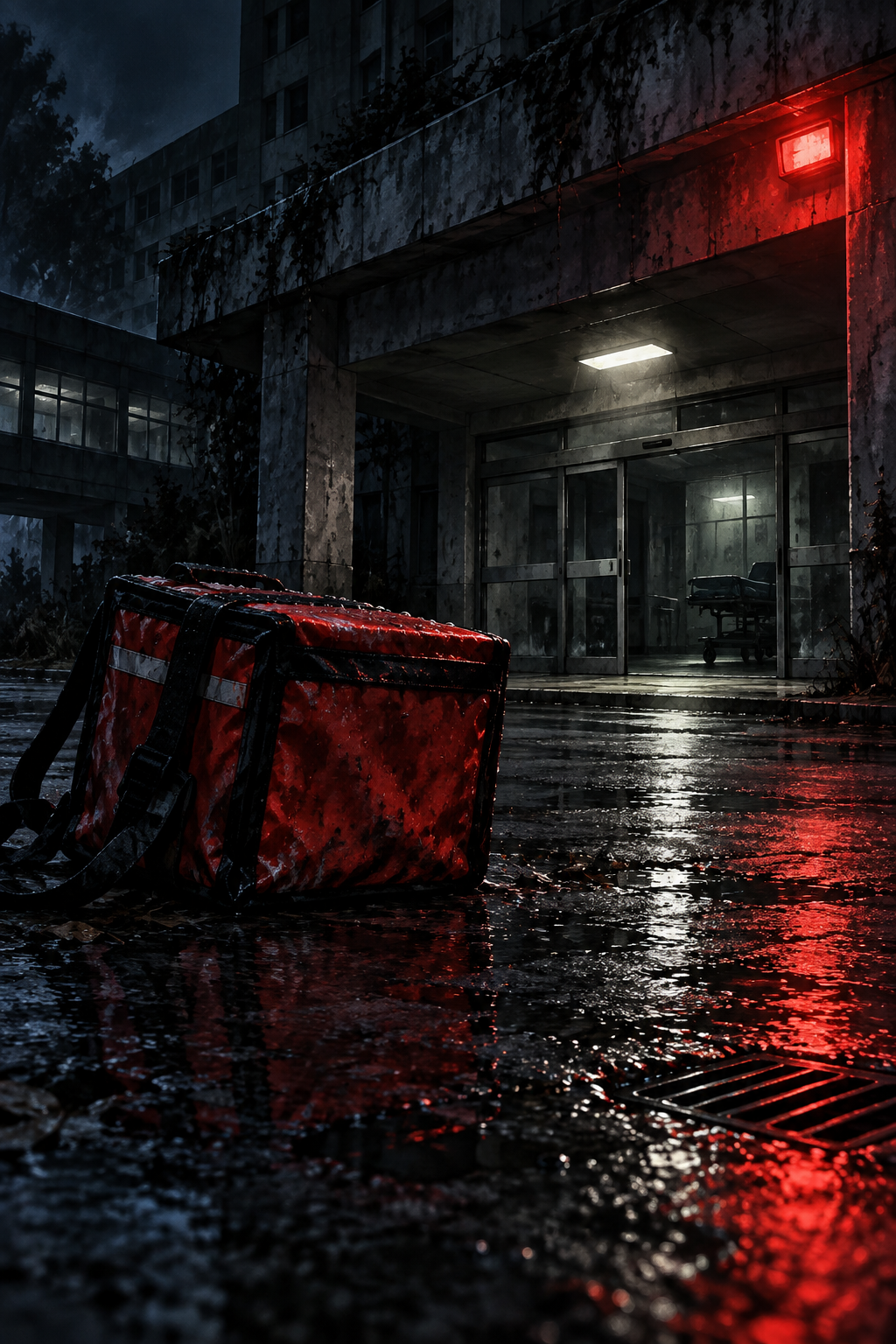 AI editorial illustration of a courier bag outside a rain-soaked hospital; not an official Resident Evil still.