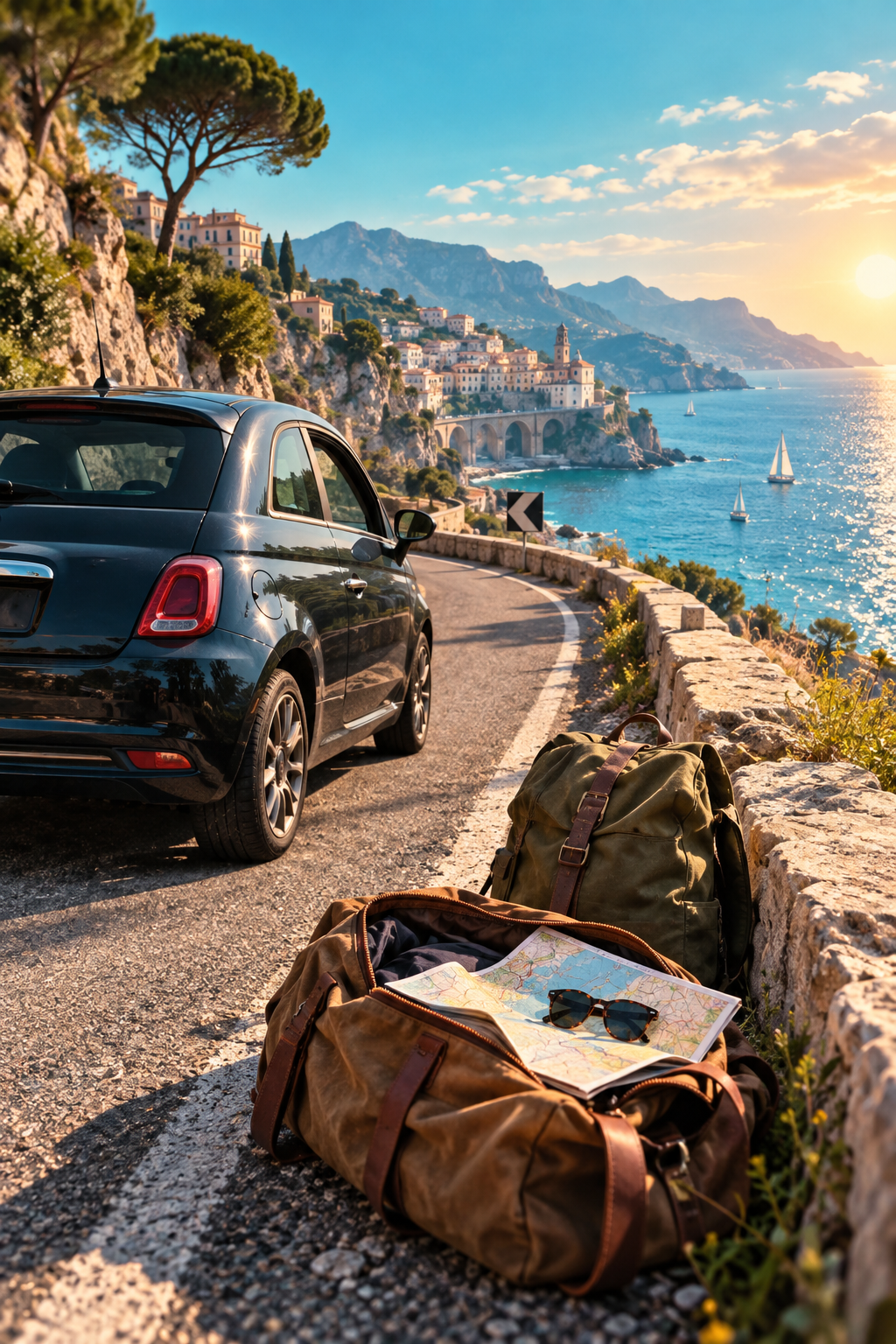 Original editorial illustration evoking Ride or Die: travel bags beside a car on a coastal road