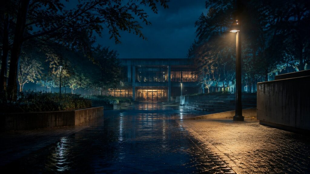 Original editorial illustration of an empty university quad at blue hour.